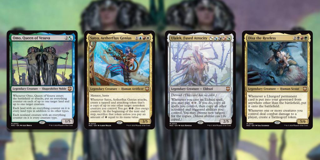 Modern Horizons 3 Commanders, Disa the Restless, Omo Queen of Vesuva, Satya Aetherflux Genius, and Ulalek Fused Atrocity