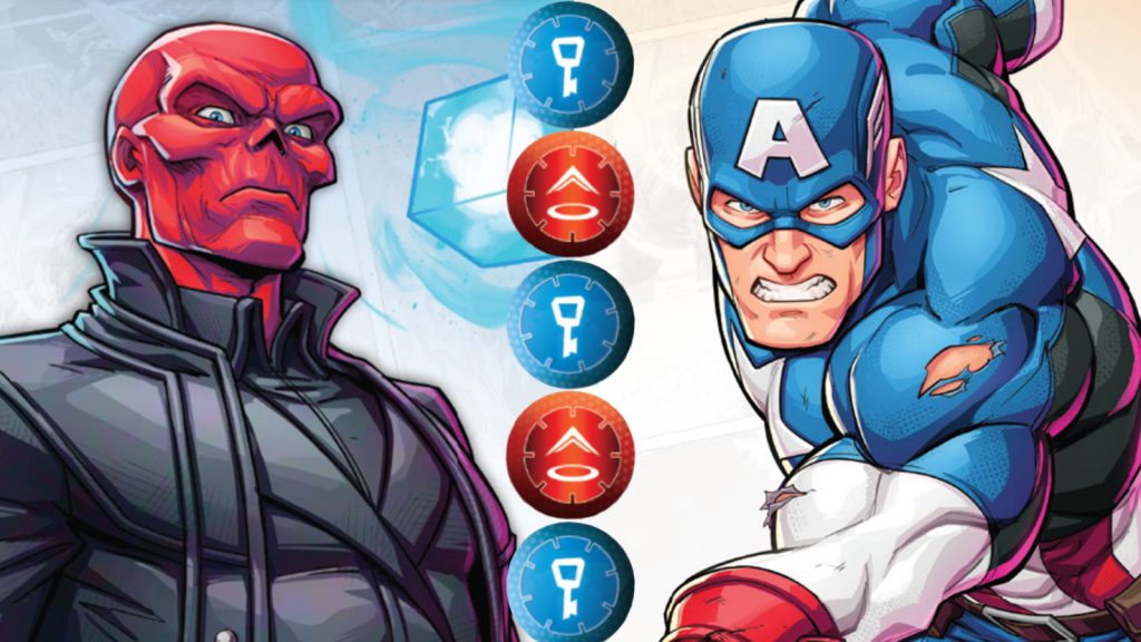 A split image of Red Skull and Captain America from Marvel Crisis Protocol
